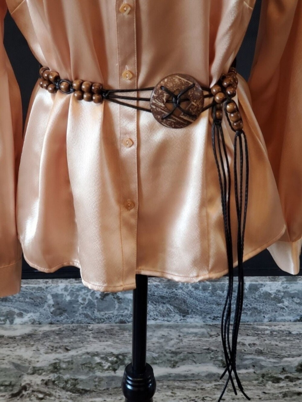 Boho Beaded Waist Belt with Decorative Button - Brown